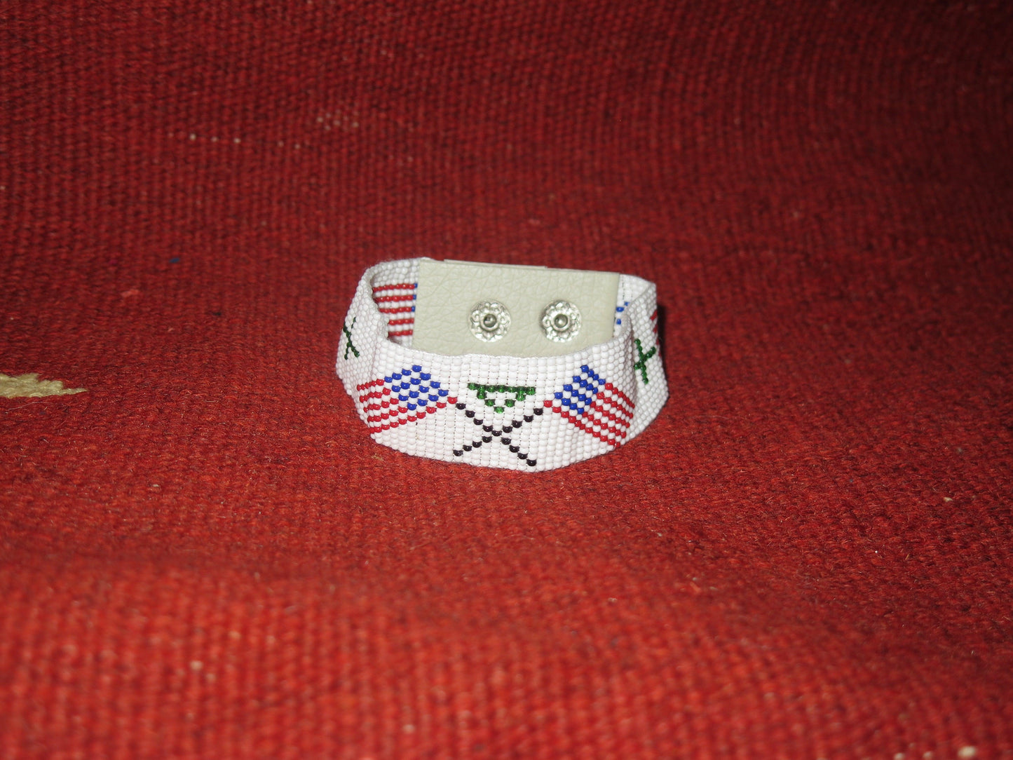 Fully Beaded Seed Beaded Soft Cuff Bracelet Handmade with leather Native American Patriotic designed Jewelry American Flag Patriotic