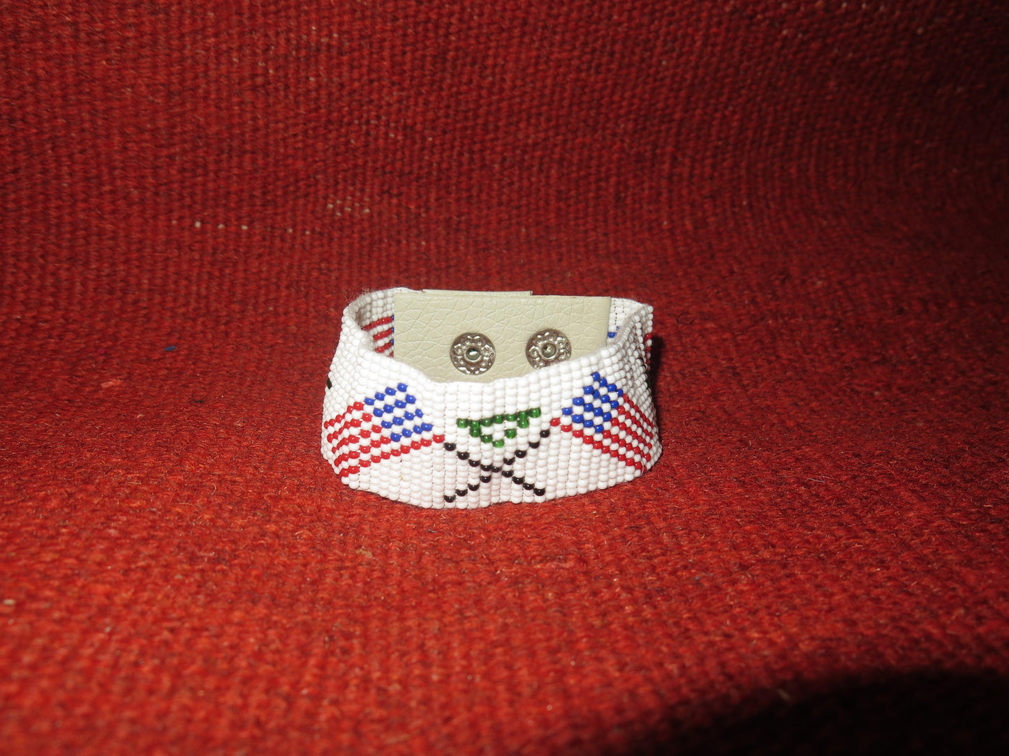 Fully Beaded Seed Beaded Soft Cuff Bracelet Handmade with leather Native American Patriotic designed Jewelry American Flag Patriotic