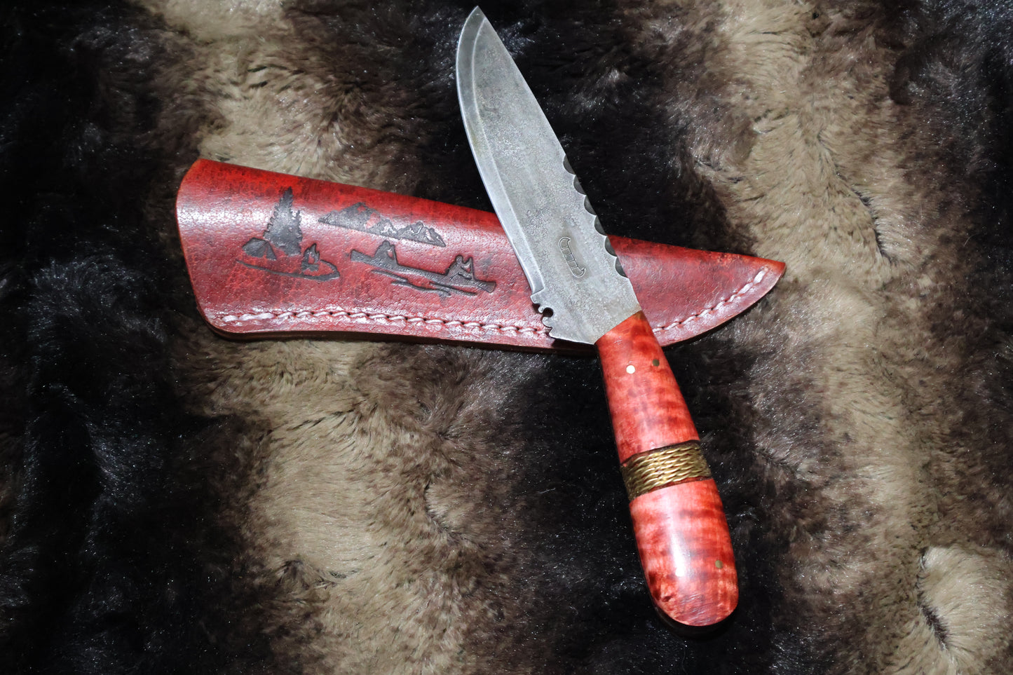 Collectable Colonial Trade knife a accurate reproduction of this historical artifact this Large Red Brass Wire Wrapped Knife Comes with a pictorial sheath
