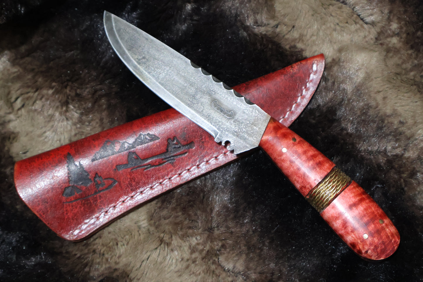 Collectable Colonial Trade knife a accurate reproduction of this historical artifact this Large Red Brass Wire Wrapped Knife Comes with a pictorial sheath