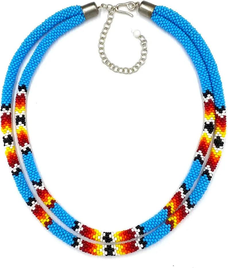 Beaded Double Strand Rope Necklace Native American Style, Jewelry beaded loop necklace choker, Regalia Jewelry Necklace -