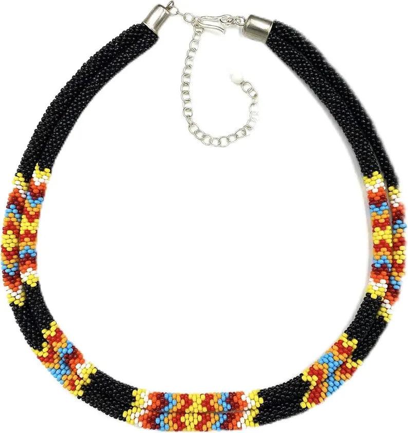 Beaded Double Strand Rope Necklace Native American Style, Jewelry beaded loop necklace choker, Regalia Jewelry Necklace -