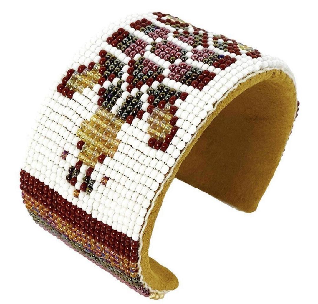 Turtle Seed Beaded Bracelet Native American Styled Jewelry Brown White Turtle Seed Beaded Bracelet Adjustable Hard Cuff, Wide Suede Leather Lightweight and Comfortable