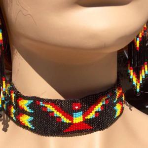 Beaded Choker Necklace Earrings Set Native American Jewelry Handmade Beaded Native Navajo Thunderbird Inspired Black Multicolored