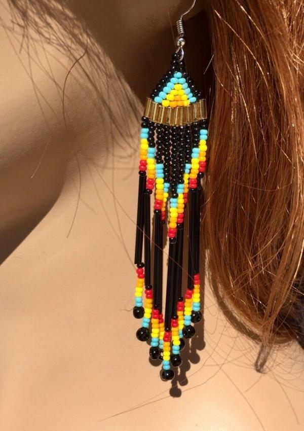 Beaded Choker Necklace Earrings Set Native American Jewelry Handmade Beaded Native Navajo Thunderbird Inspired Black Multicolored