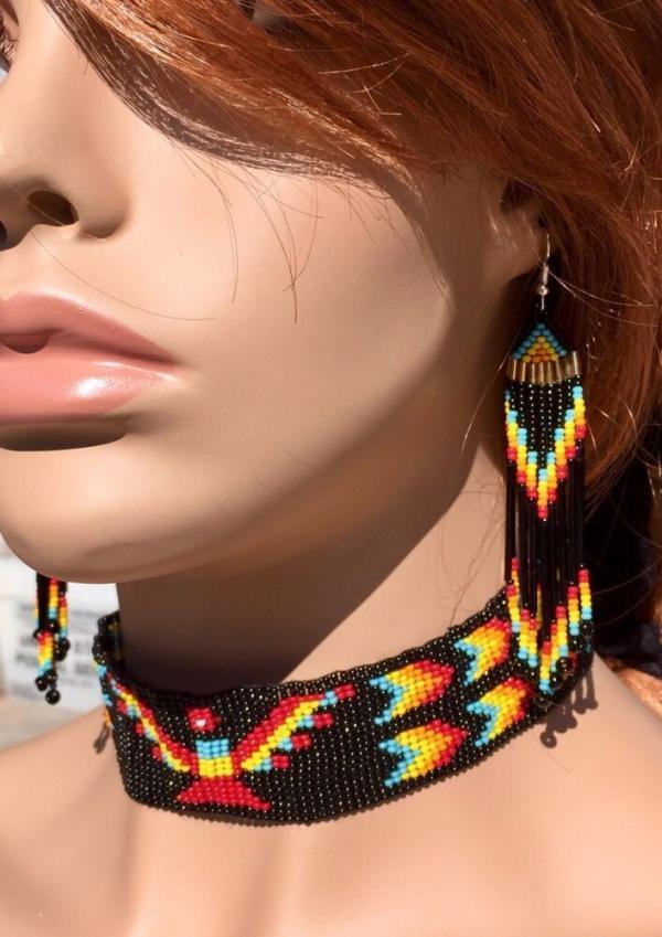 Beaded Choker Necklace Earrings Set Native American Jewelry Handmade Beaded Native Navajo Thunderbird Inspired Black Multicolored