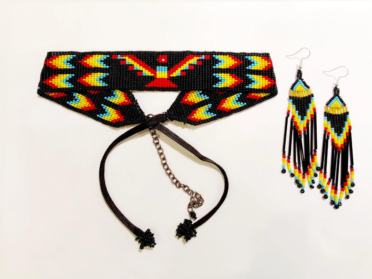 Beaded Choker Necklace Earrings Set Native American Jewelry Handmade Beaded Native Navajo Thunderbird Inspired Black Multicolored