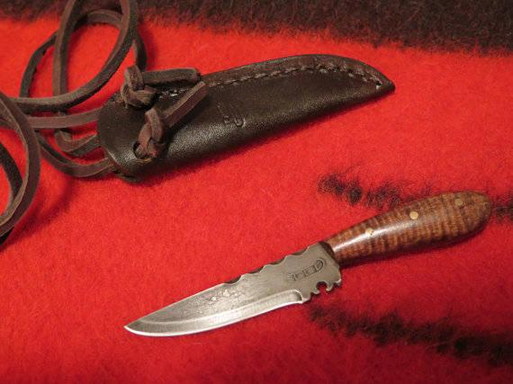 Native American Handmade Abenaki Neck Knife | High Carbon Steel with Tiger Maple Handle & Custom Leather Sheath - Aki Trading Post