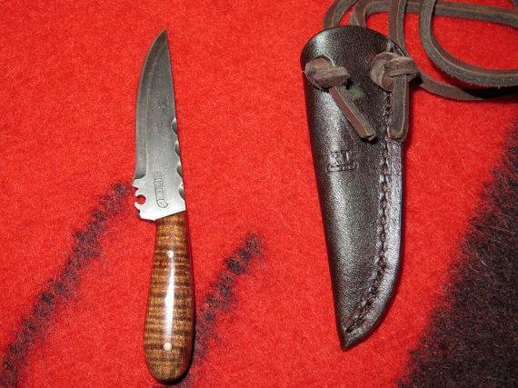Native American Handmade Abenaki Neck Knife | High Carbon Steel with Tiger Maple Handle & Custom Leather Sheath - Aki Trading Post