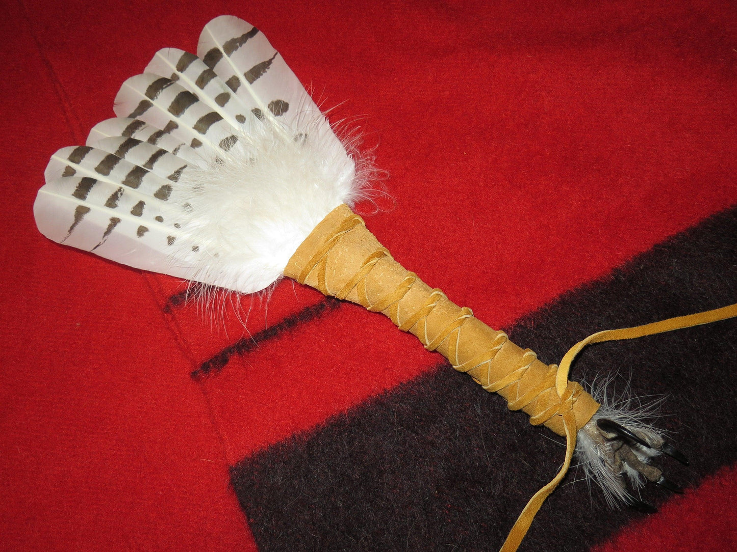 Native American-Made 4-Feather Snowy Owl Prayer Fan | Handcrafted Smudge & Ceremonial Fan - Aki Trading Post