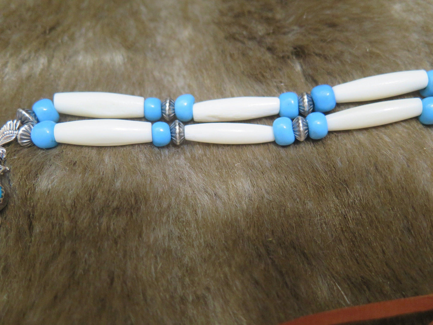 Vintage Native American Sterling Silver Turquoise Eagle Pendant Necklace | Navajo Bone Choker with Glass Beads - Aki Trading Post