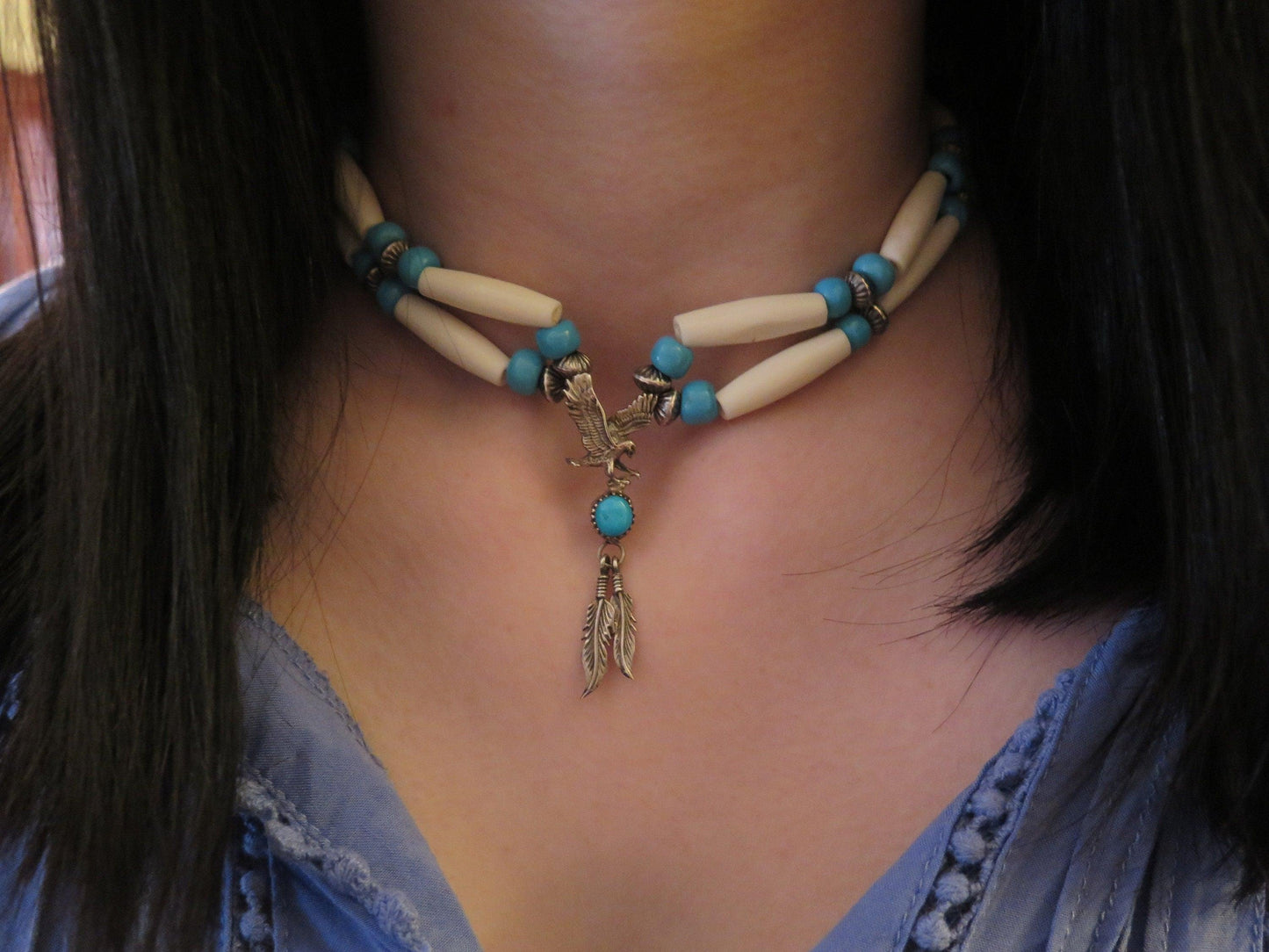 Vintage Native American Sterling Silver Turquoise Eagle Pendant Necklace | Navajo Bone Choker with Glass Beads - Aki Trading Post