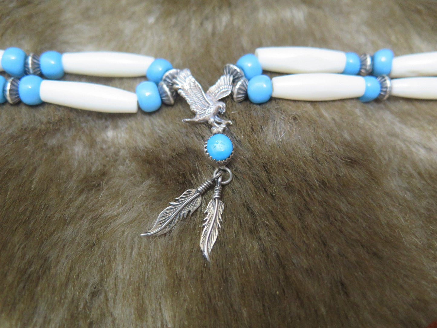 Vintage Native American Sterling Silver Turquoise Eagle Pendant Necklace | Navajo Bone Choker with Glass Beads - Aki Trading Post