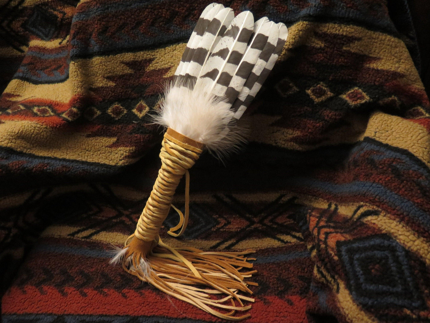Native American-Made 4-Feather Snowy Owl Prayer Fan | Handcrafted Smudge & Ceremonial Fan - Aki Trading Post