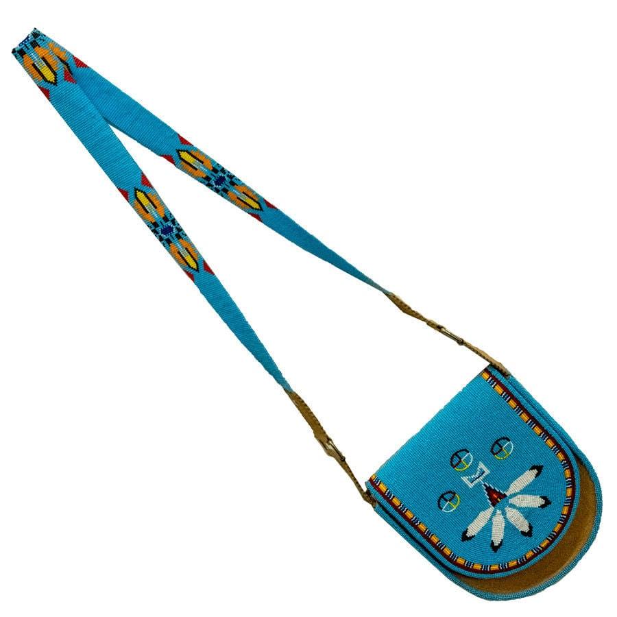 Native American Handmade Fully Beaded Shoulder Purse | Medicine Wheel or Red Feather Design - Aki Trading Post