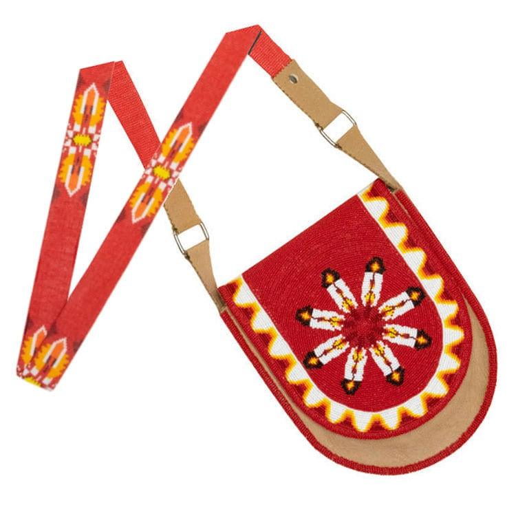 Native American Handmade Fully Beaded Shoulder Purse | Medicine Wheel or Red Feather Design - Aki Trading Post