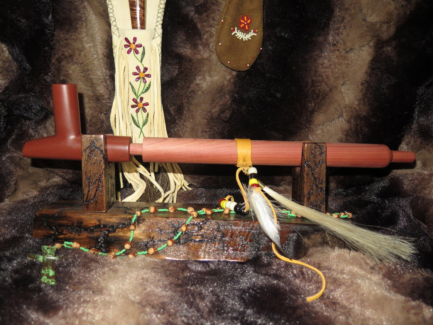 Native American Handmade Catlinite Peace Pipe | Sacred Ceremonial Pipe with Cedar Stem & Decorated Display Stand - Aki Trading Post