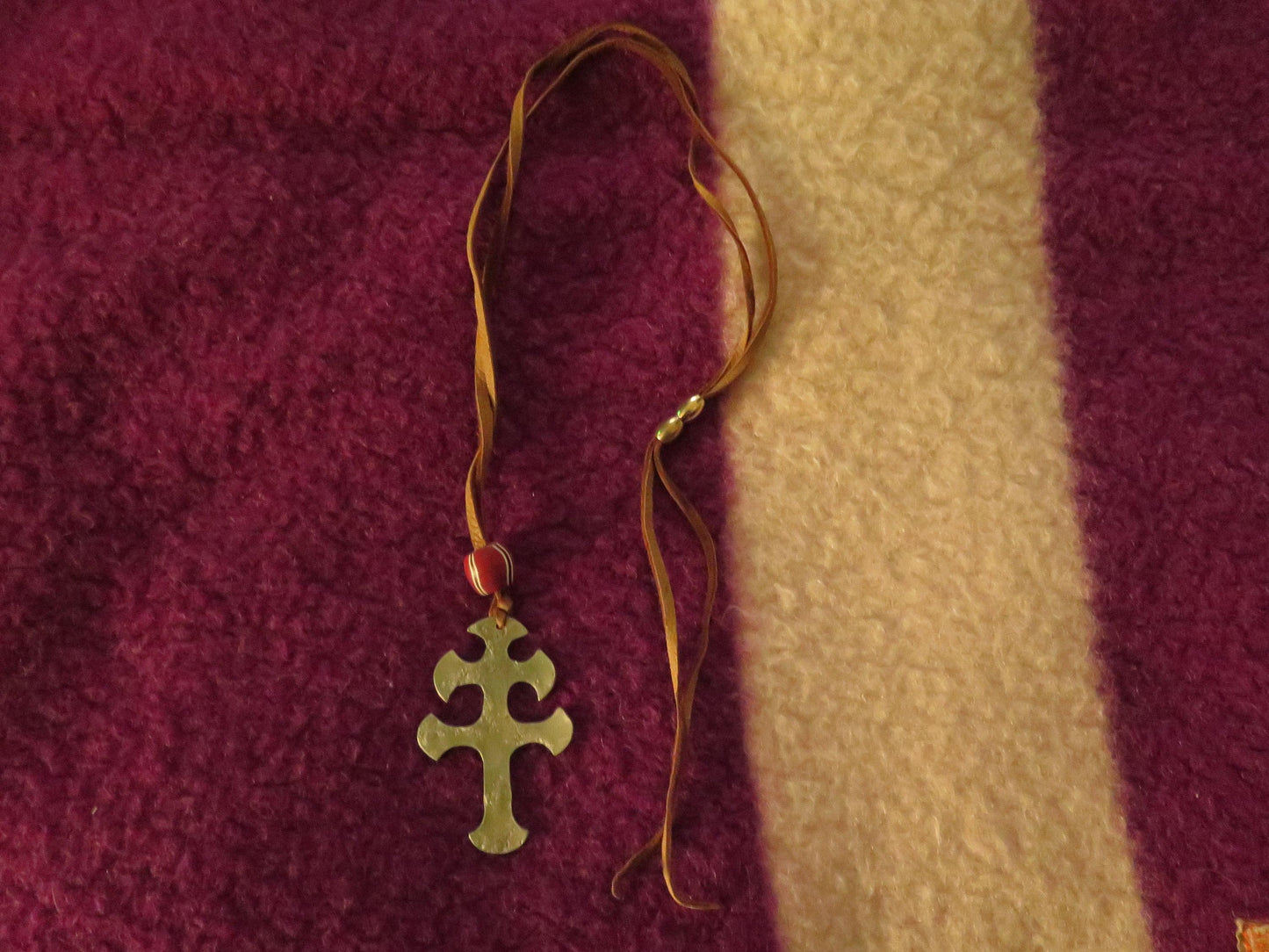 Native American Jewelry | Large Pewter Cross of Lorraine Pendant Necklace with Trade Beads & Brain-Tanned Moose Lace - Aki Trading Post