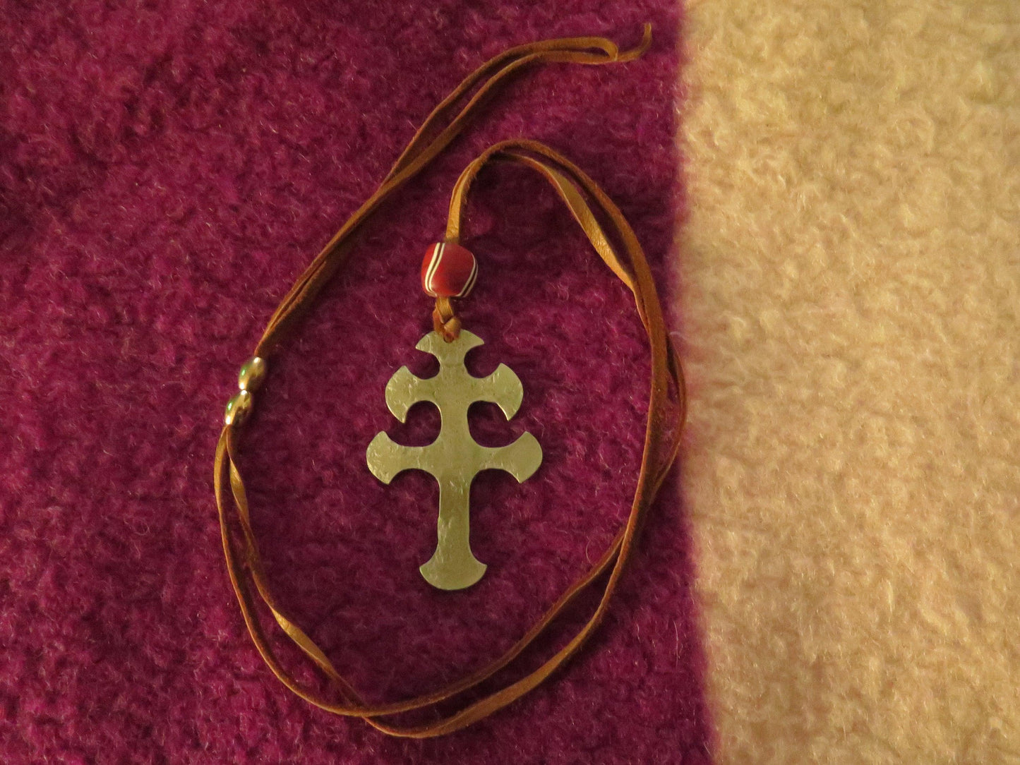 Native American Jewelry | Large Pewter Cross of Lorraine Pendant Necklace with Trade Beads & Brain-Tanned Moose Lace - Aki Trading Post