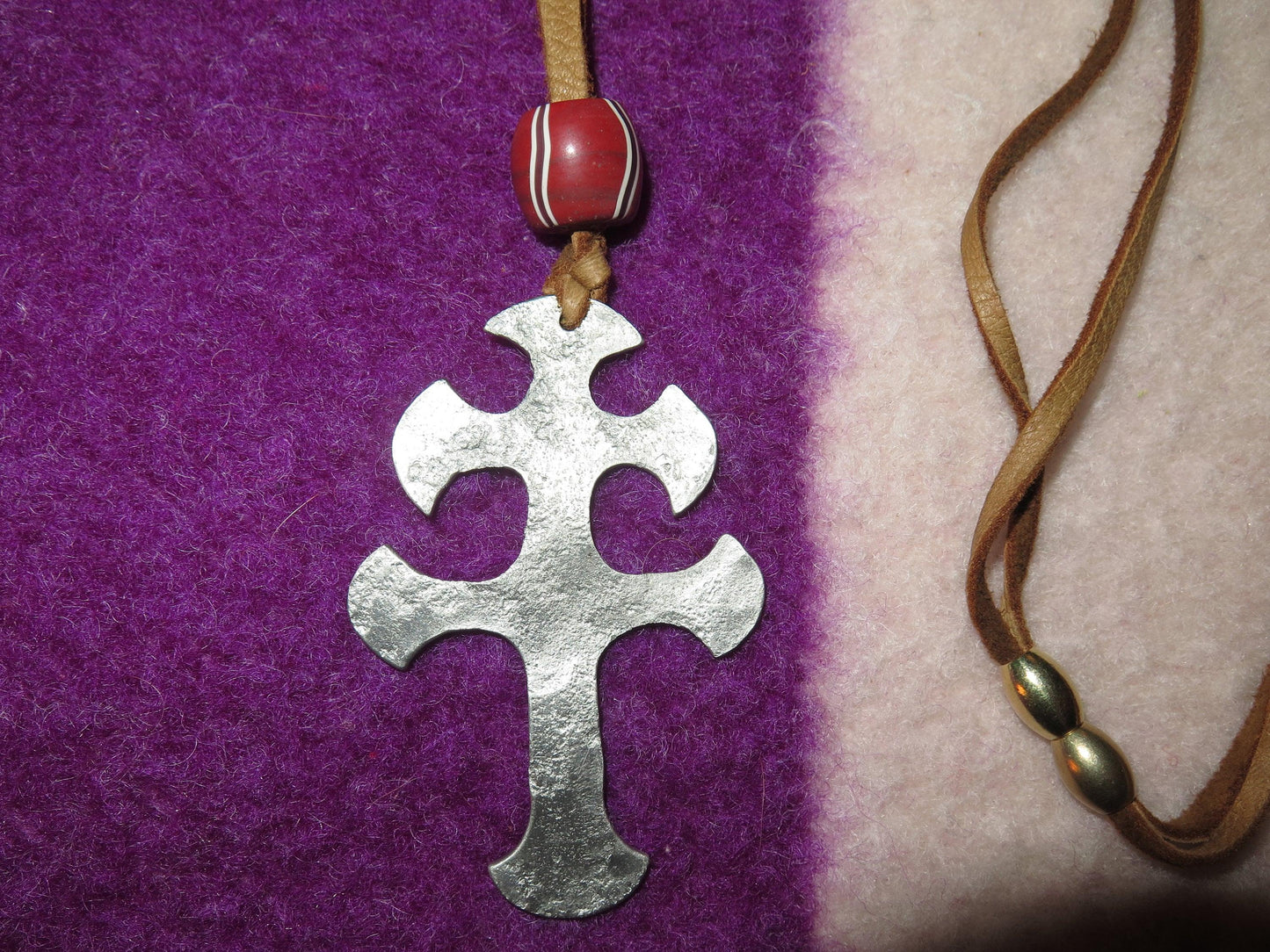 Native American Jewelry | Large Pewter Cross of Lorraine Pendant Necklace with Trade Beads & Brain-Tanned Moose Lace - Aki Trading Post