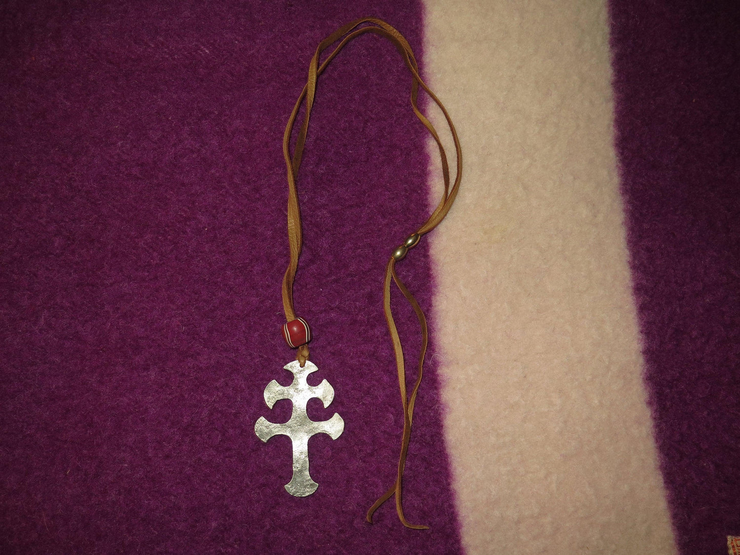 Native American Jewelry | Large Pewter Cross of Lorraine Pendant Necklace with Trade Beads & Brain-Tanned Moose Lace - Aki Trading Post