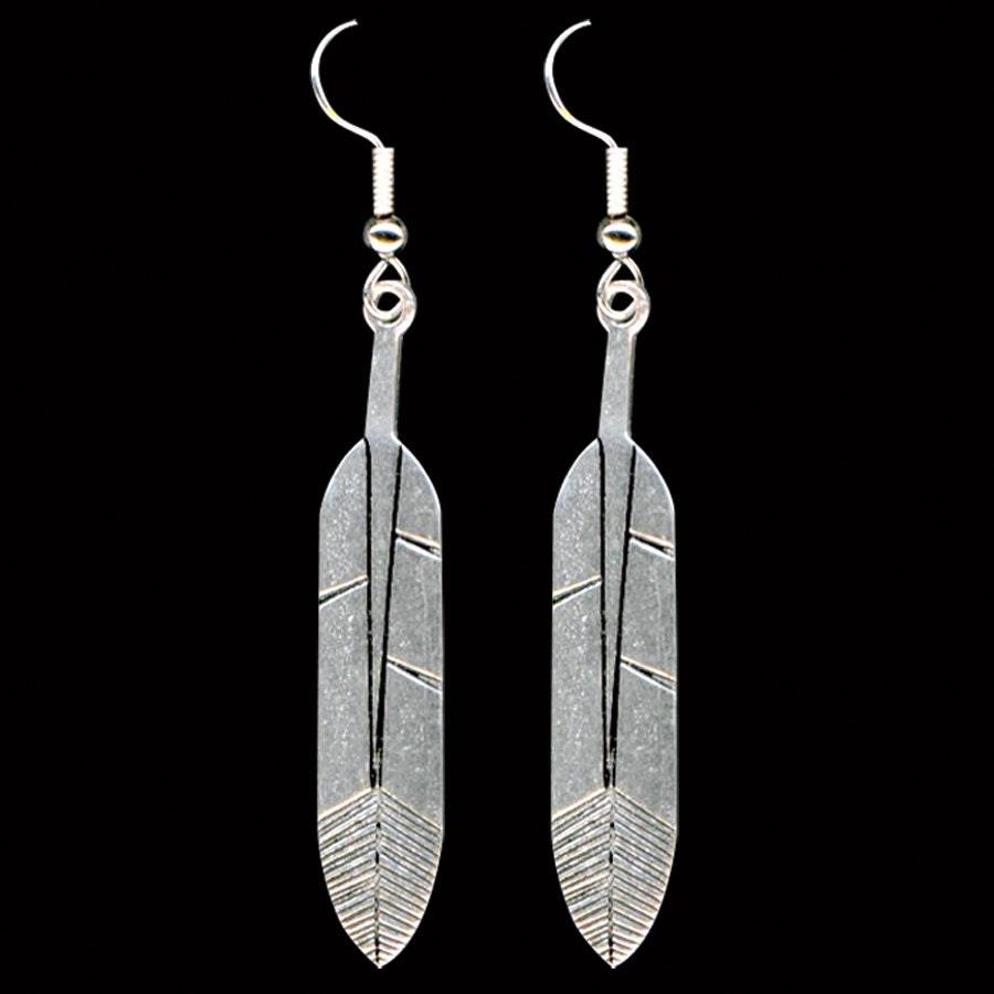 Native American Pewter Feather Earrings | Sterling Silver Hooks - Aki Trading Post