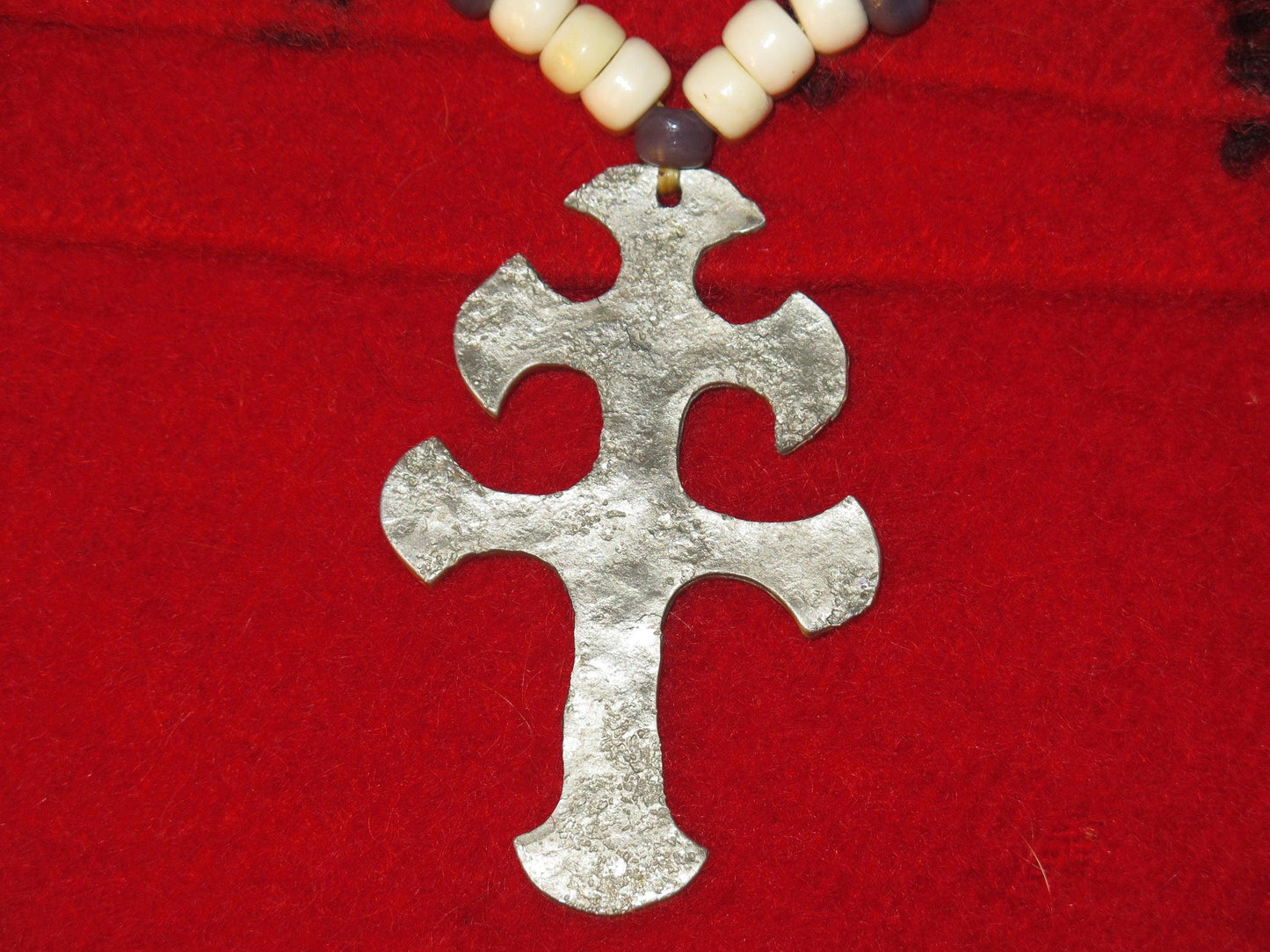 Native American Jewelry | Hudson Bay Era Fur Trade Pendant Necklace with Old Trade Beads & Lorrain Cross - Aki Trading Post