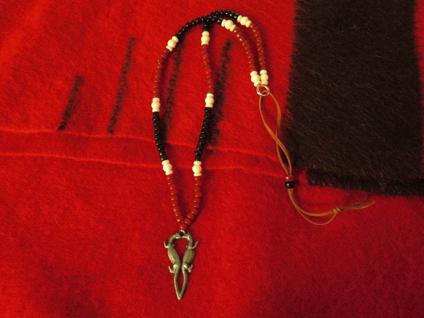 Native American Handmade Hudson Bay Fur Trade Kissing Otters Pendant Necklace | Strung with Glass Beads & Sinew - Aki Trading Post