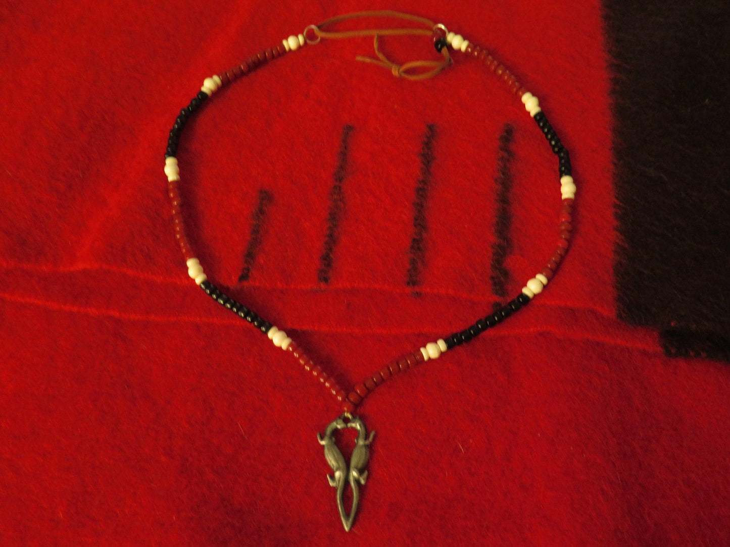 Native American Handmade Hudson Bay Fur Trade Kissing Otters Pendant Necklace | Strung with Glass Beads & Sinew - Aki Trading Post