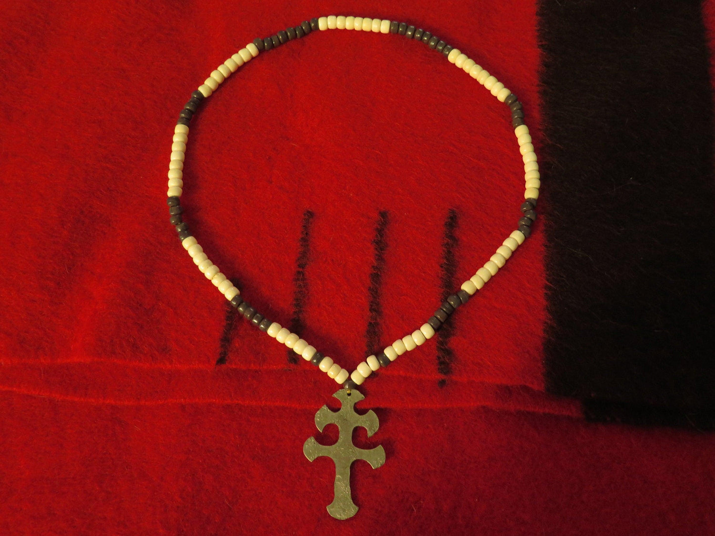 Native American Jewelry | Hudson Bay Era Fur Trade Pendant Necklace with Old Trade Beads & Lorrain Cross - Aki Trading Post