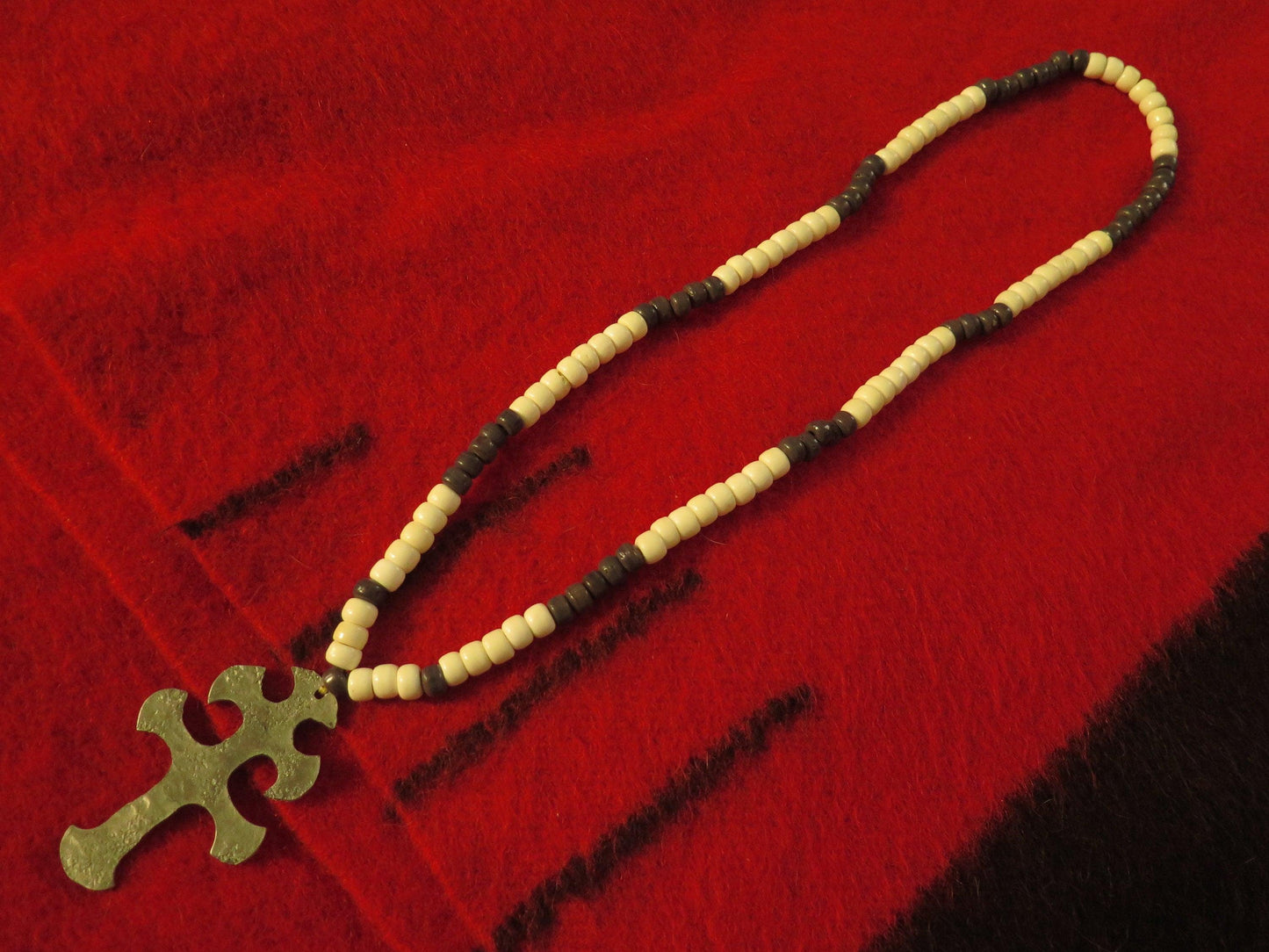 Native American Jewelry | Hudson Bay Era Fur Trade Pendant Necklace with Old Trade Beads & Lorrain Cross - Aki Trading Post