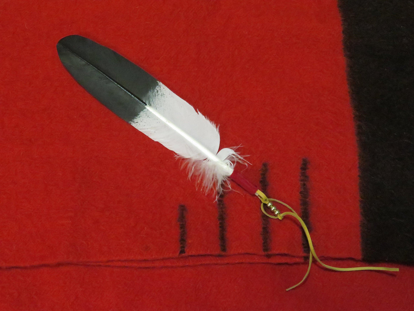 Native American Hand-Painted Feather Ties | Golden Eagle Feathers Wrapped with Leather & Brass Beads - Aki Trading Post