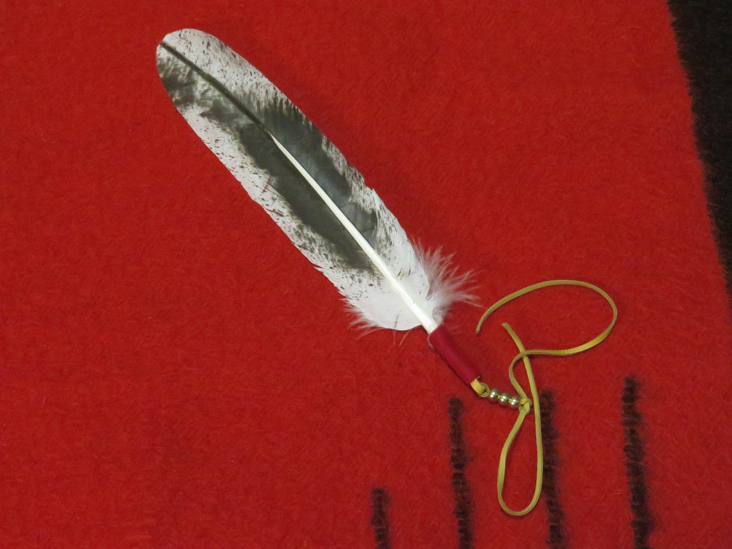 Native American Hand-Painted Imitation Immature Bald Eagle Feather Tie | Wrapped with Leather & Brass Beads - Aki Trading Post