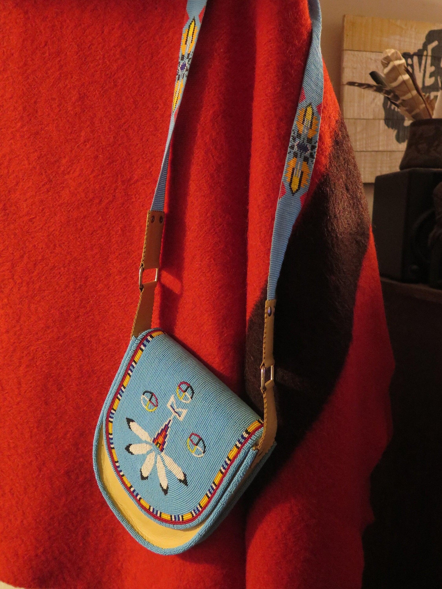 Native American Handmade Fully Beaded Shoulder Purse | Medicine Wheel or Red Feather Design - Aki Trading Post