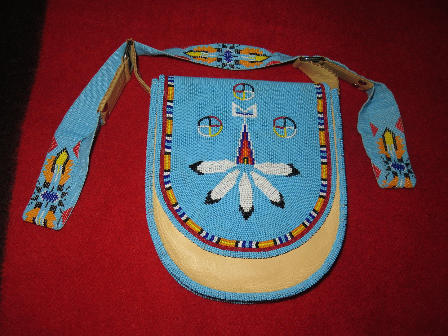 Native American Handmade Fully Beaded Shoulder Purse | Medicine Wheel or Red Feather Design - Aki Trading Post