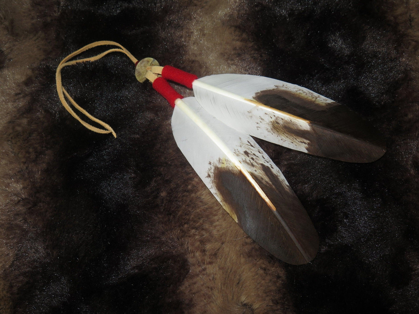 Native American Handmade Golden Eagle Feather Hair Tie | Traditional Regalia Accessory - Aki Trading Post
