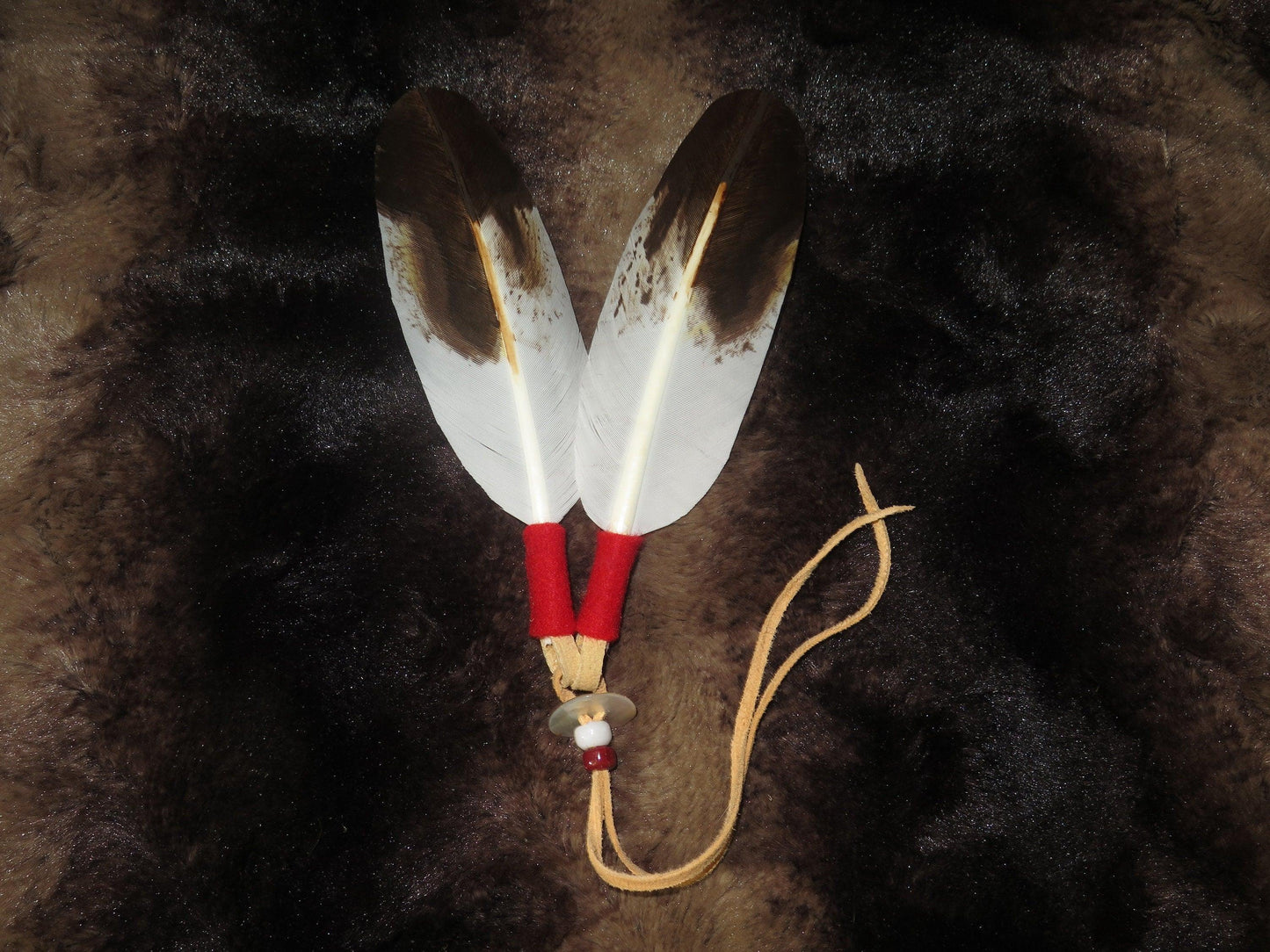 Native American Handmade Golden Eagle Feather Hair Tie | Traditional Regalia Accessory - Aki Trading Post