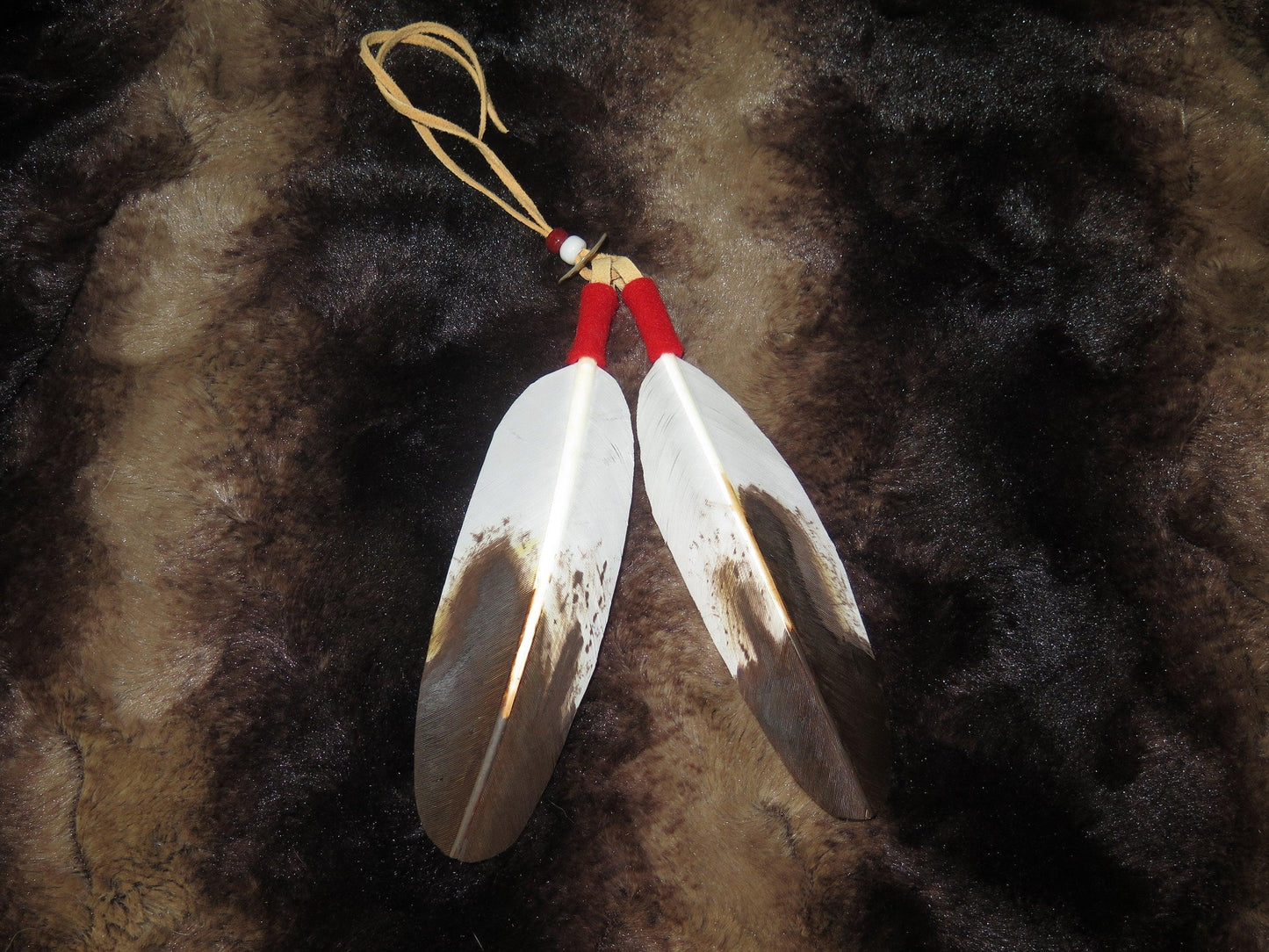 Native American Handmade Golden Eagle Feather Hair Tie | Traditional Regalia Accessory - Aki Trading Post