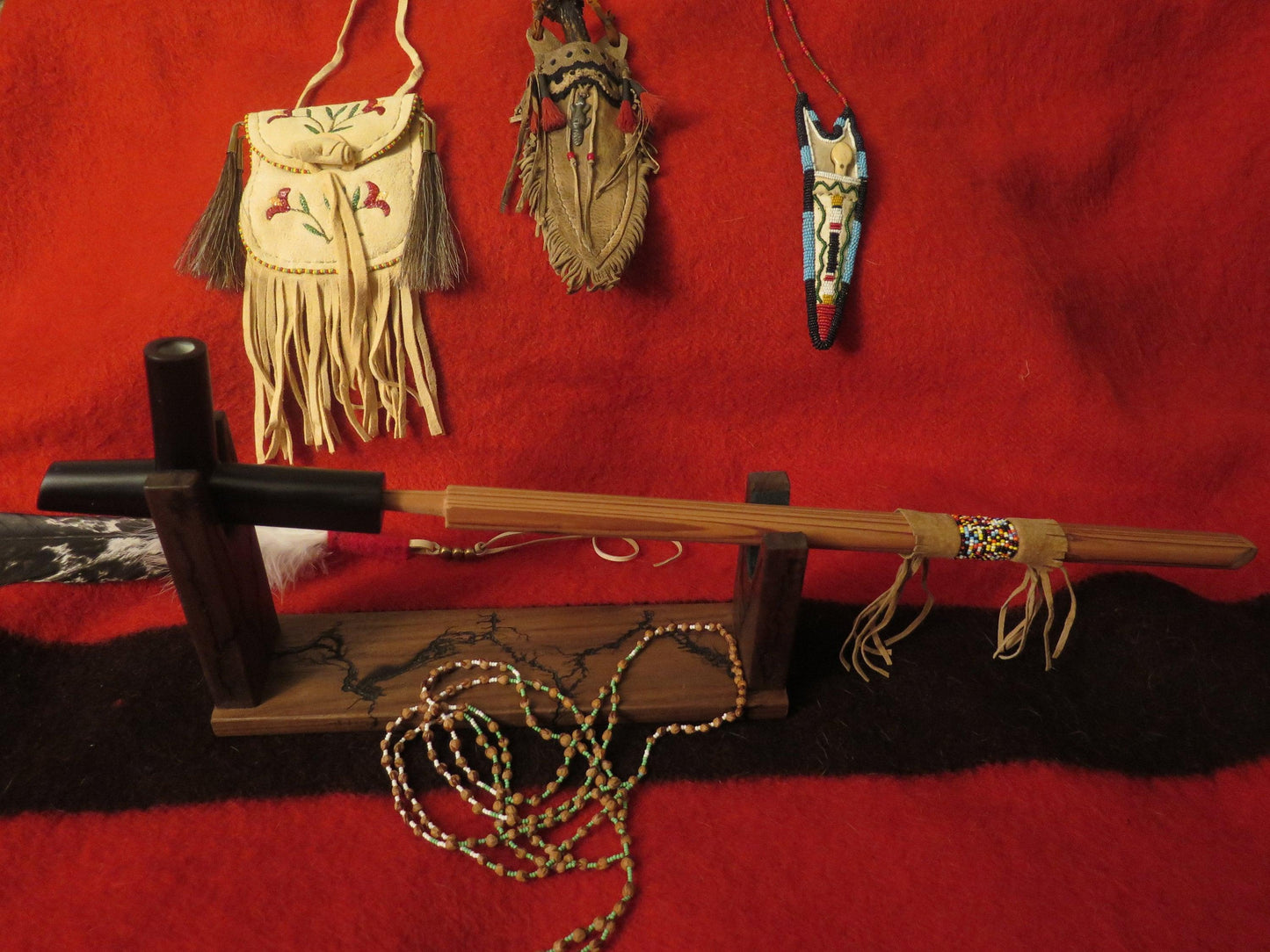 Native American Handmade 6" Steatite Peace Pipe with 24" Total Length | Sacred Plains Pipe with Beaded Cedar Stem & Walnut Stand - Aki Trading Post