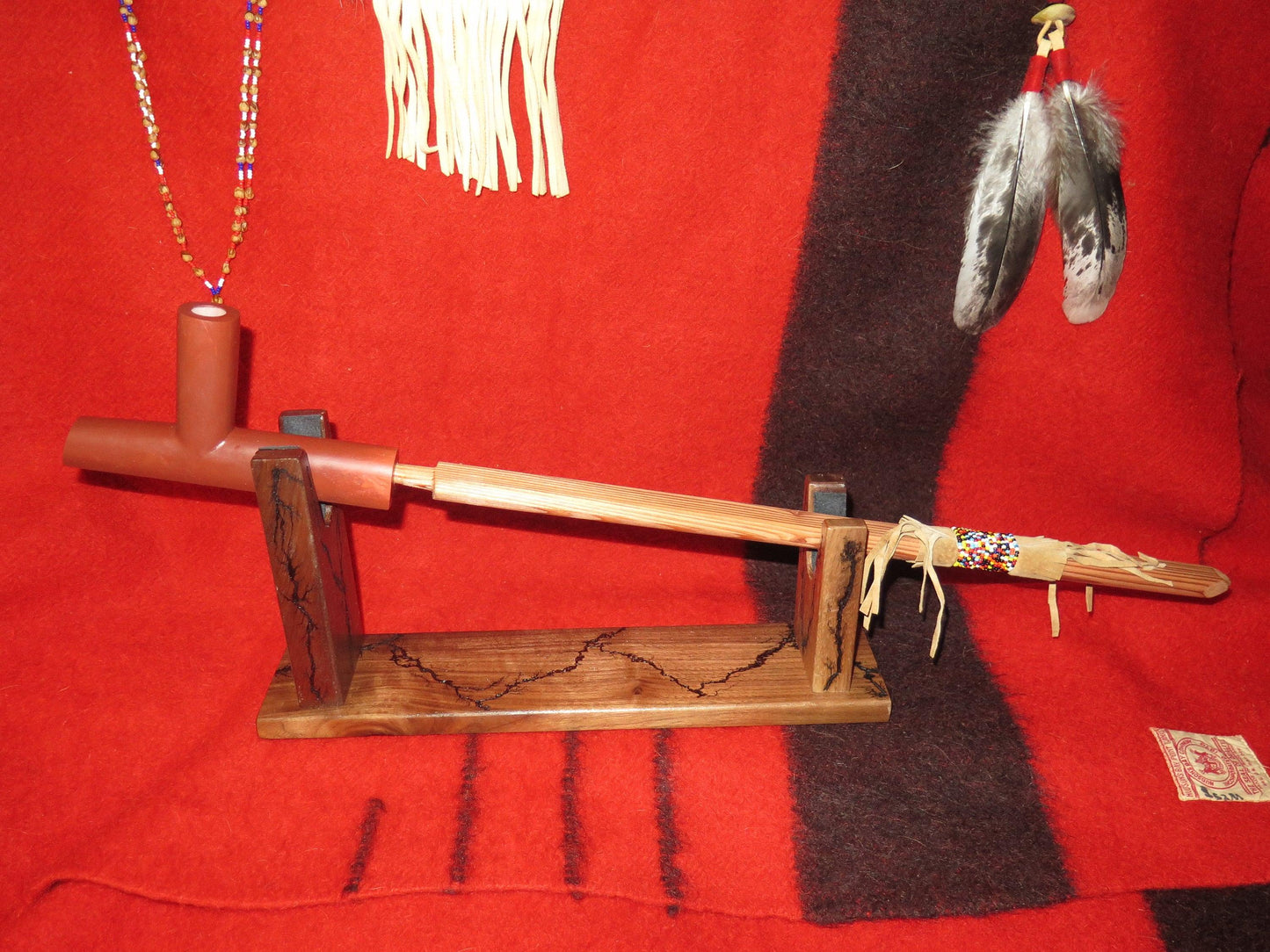 Native American Handmade 6” Catlinite Plains Peace Pipe | 24” Total Length with Cedar Beaded Stem & Walnut Stand - Aki Trading Post
