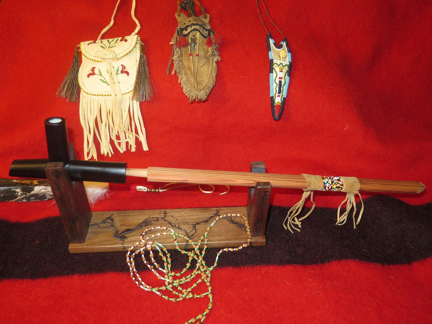 Native American Handmade 6" Steatite Peace Pipe with 24" Total Length | Sacred Plains Pipe with Beaded Cedar Stem & Walnut Stand - Aki Trading Post