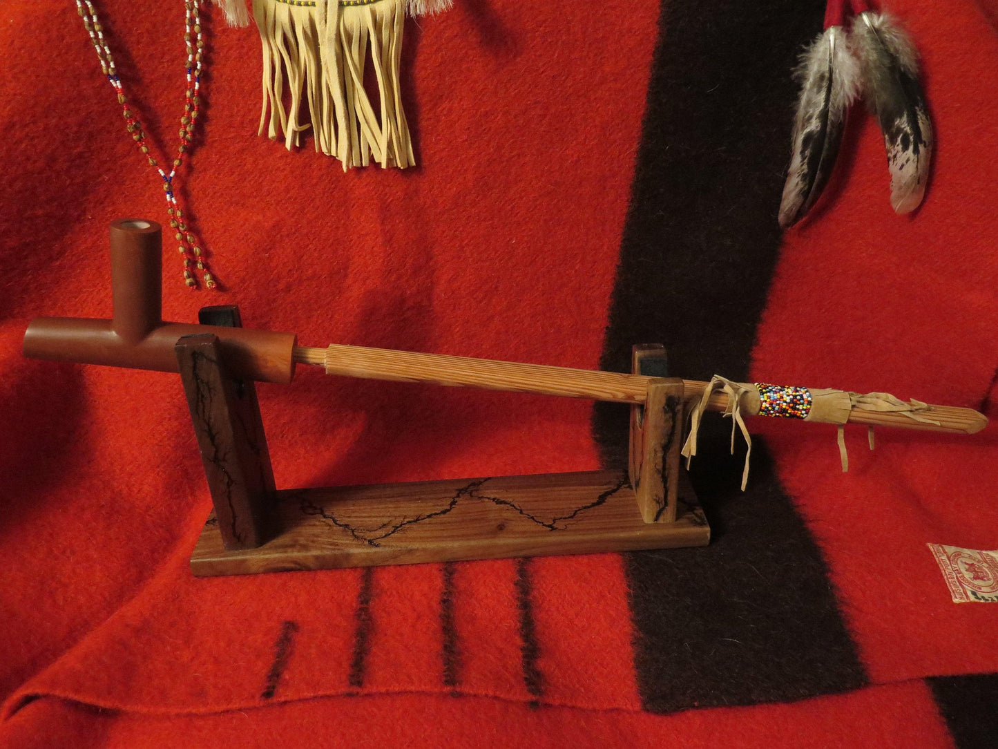 Native American Handmade 6” Catlinite Plains Peace Pipe | 24” Total Length with Cedar Beaded Stem & Walnut Stand - Aki Trading Post