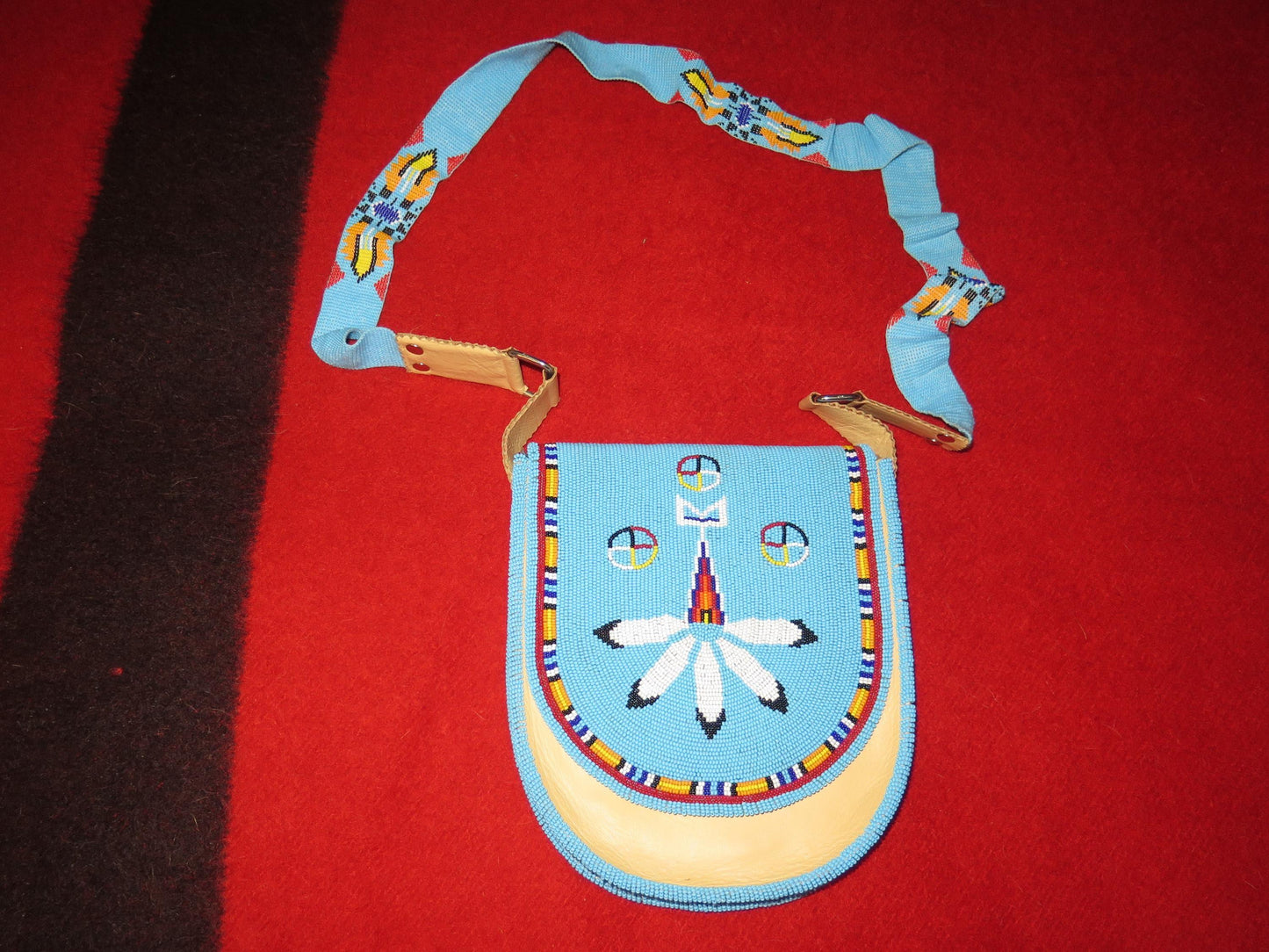Native American Handmade Fully Beaded Shoulder Purse | Medicine Wheel or Red Feather Design - Aki Trading Post