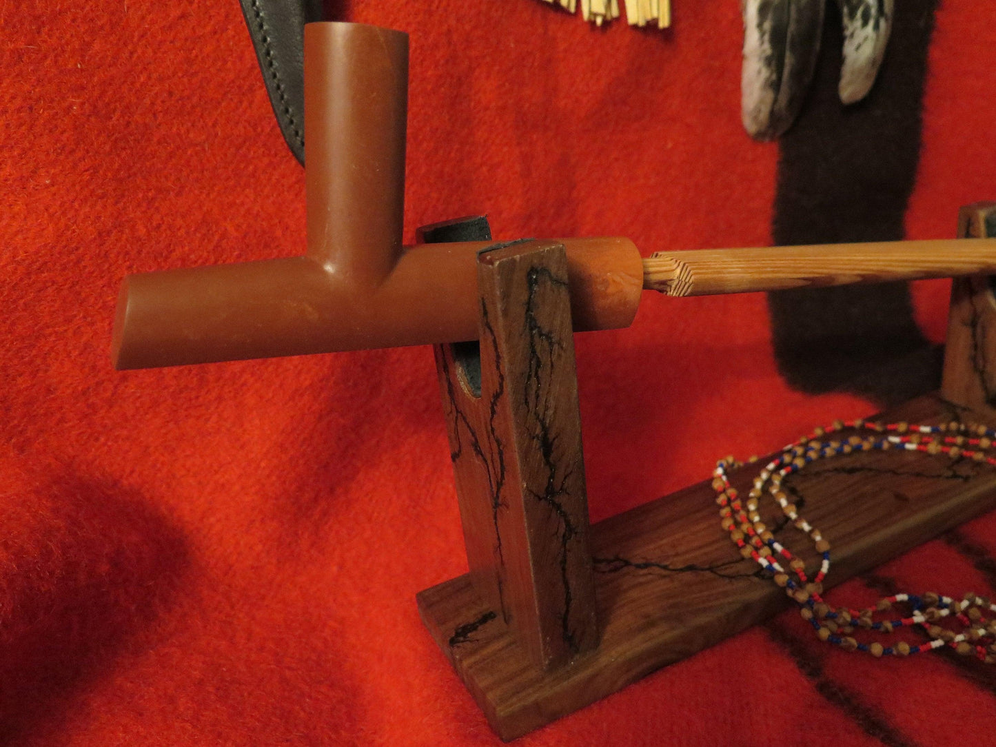 Native American Handmade 6” Catlinite Plains Peace Pipe | 24” Total Length with Cedar Beaded Stem & Walnut Stand - Aki Trading Post