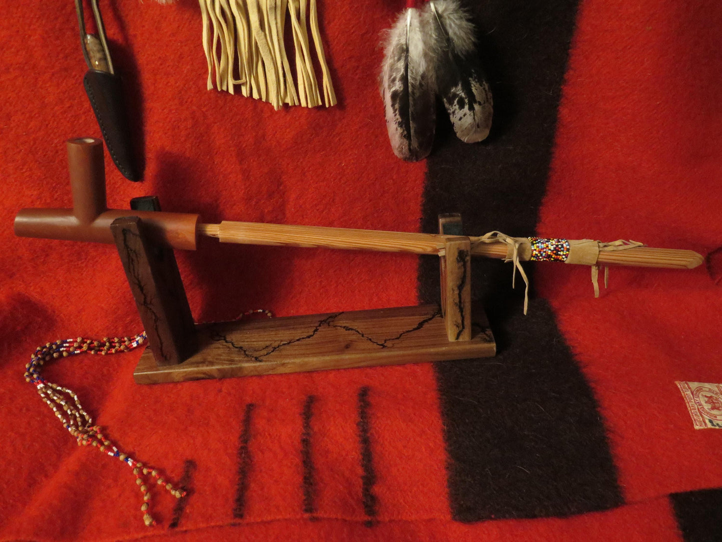 Native American Handmade 6” Catlinite Plains Peace Pipe | 24” Total Length with Cedar Beaded Stem & Walnut Stand - Aki Trading Post