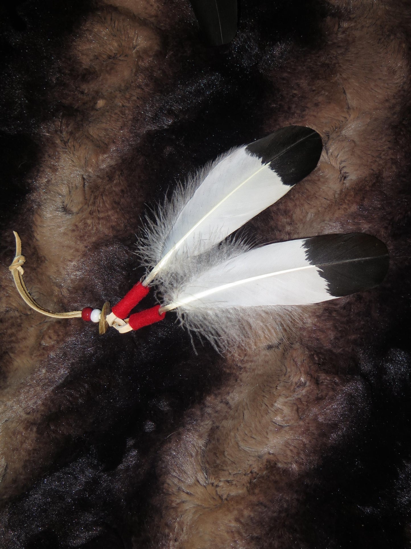 Native American Handmade Feather Hair Tie | Hand-Painted Golden Eagle Feather with Abalone Shell - Aki Trading Post