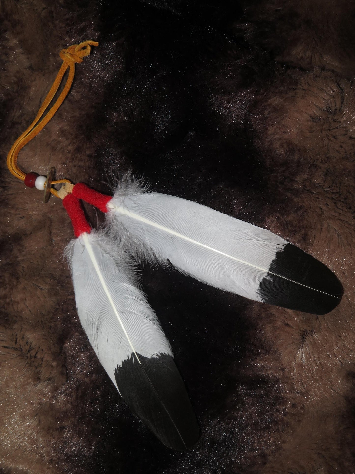 Native American Handmade Feather Hair Tie | Hand-Painted Golden Eagle Feather with Abalone Shell - Aki Trading Post
