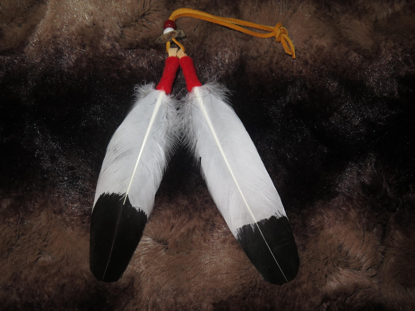 Native American Handmade Feather Hair Tie | Hand-Painted Golden Eagle Feather with Abalone Shell - Aki Trading Post