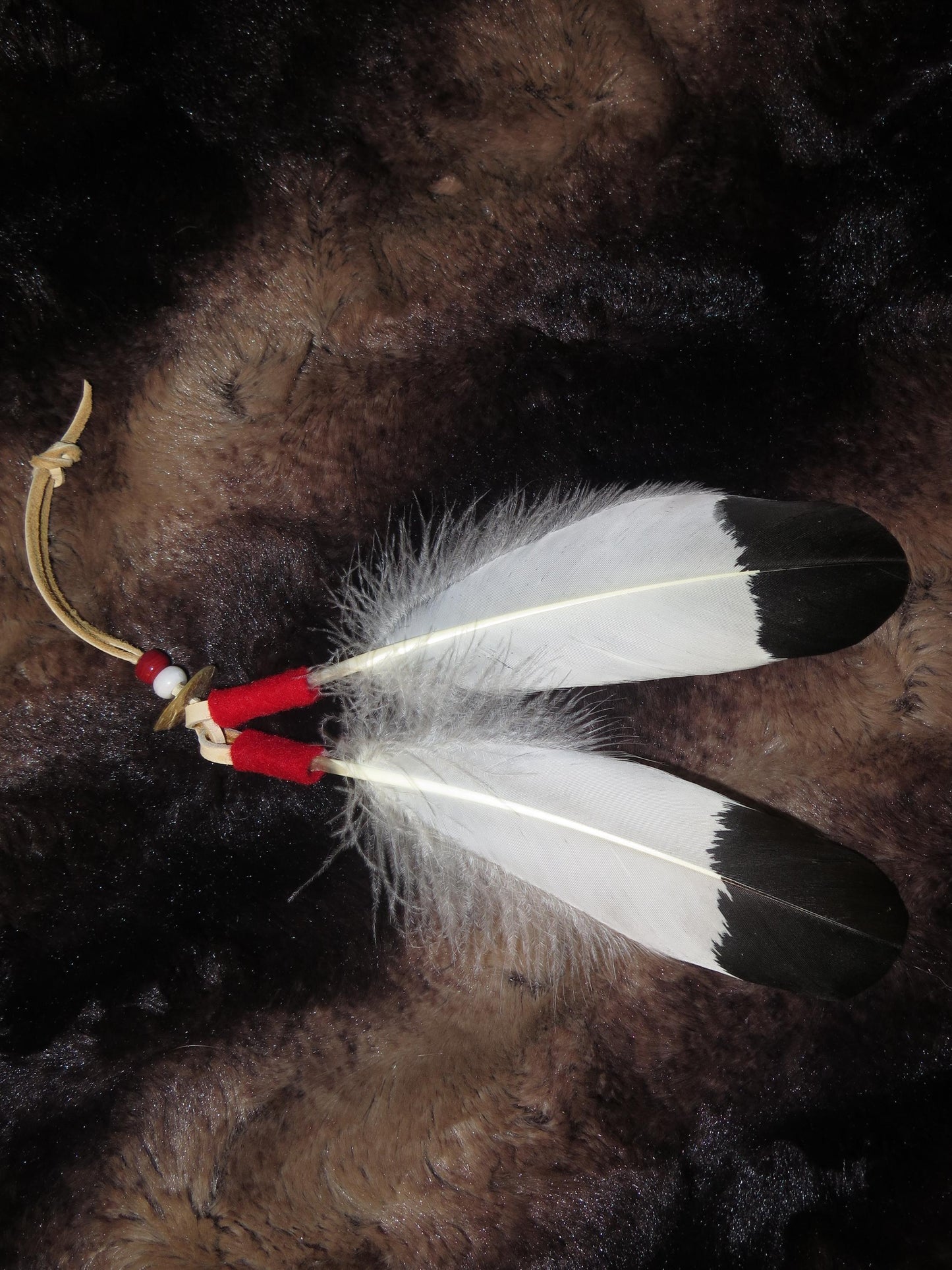 Native American Handmade Feather Hair Tie | Hand-Painted Golden Eagle Feather with Abalone Shell - Aki Trading Post