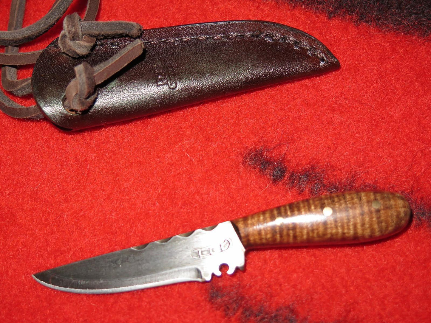 Native American Handmade Abenaki Neck Knife | High Carbon Steel with Tiger Maple Handle & Custom Leather Sheath - Aki Trading Post